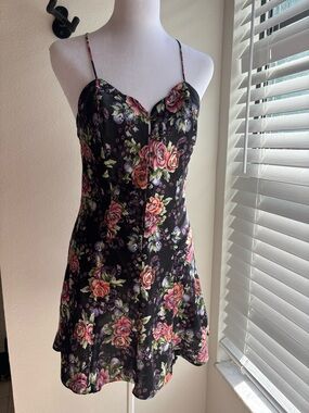 Victoria's Secret Gold Label Black Floral Slip with Pink and Green Accents